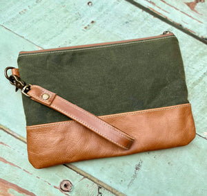 Large Nesting Zipper Pouch with Waxed Canvas and Leather